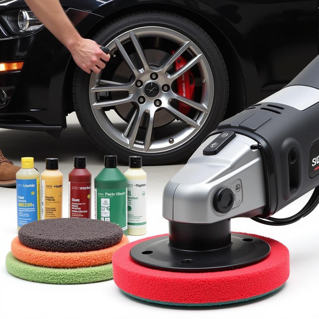 Dual-action polisher with various polishing pads and compounds.