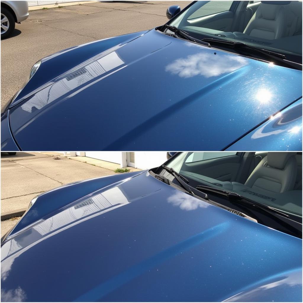 Eminent car detailing paint correction process showcasing a before-and-after comparison on a car's hood.