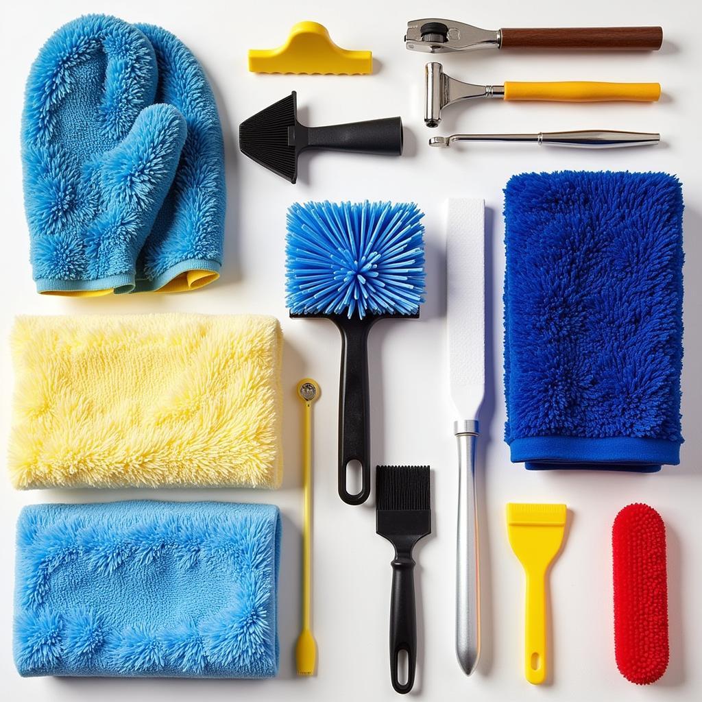 Essential Car Detailing Tools: Microfiber towels, wash mitts, and various applicators.