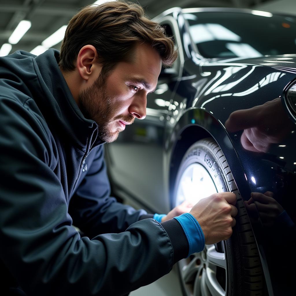 Experienced Car Detailer Inspecting Paintwork for Imperfections