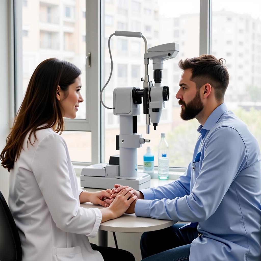 An eye care professional discussing eye health with a patient.