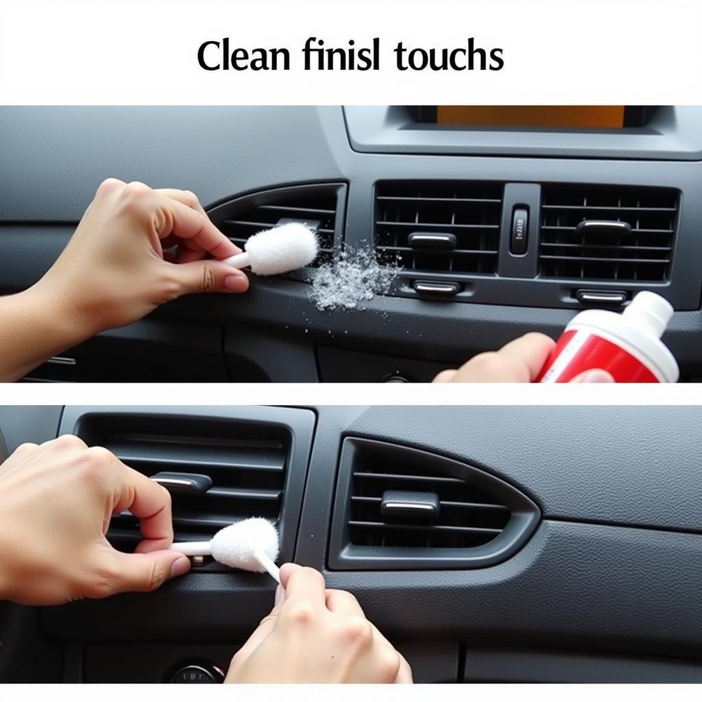 Applying a plastic trim restorer and cleaning air vents with cotton swabs