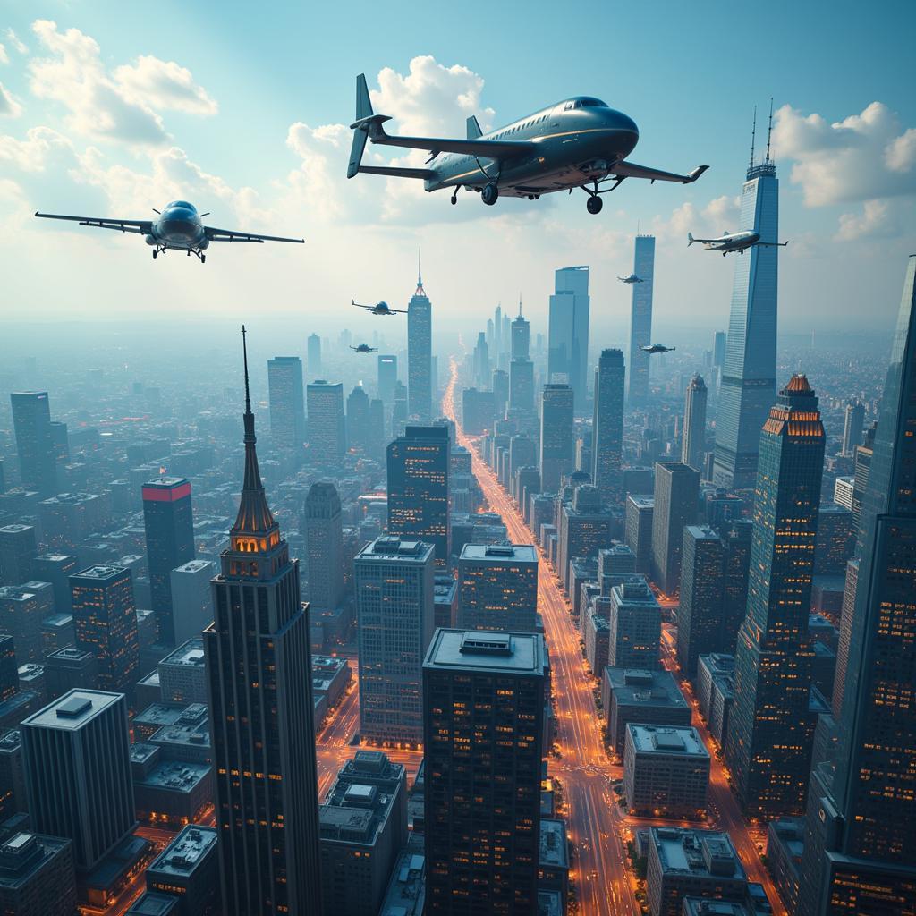 Flying Car Air Traffic Management: A visualization of how air traffic control systems might be adapted to handle the increased volume of flying cars in urban airspace.