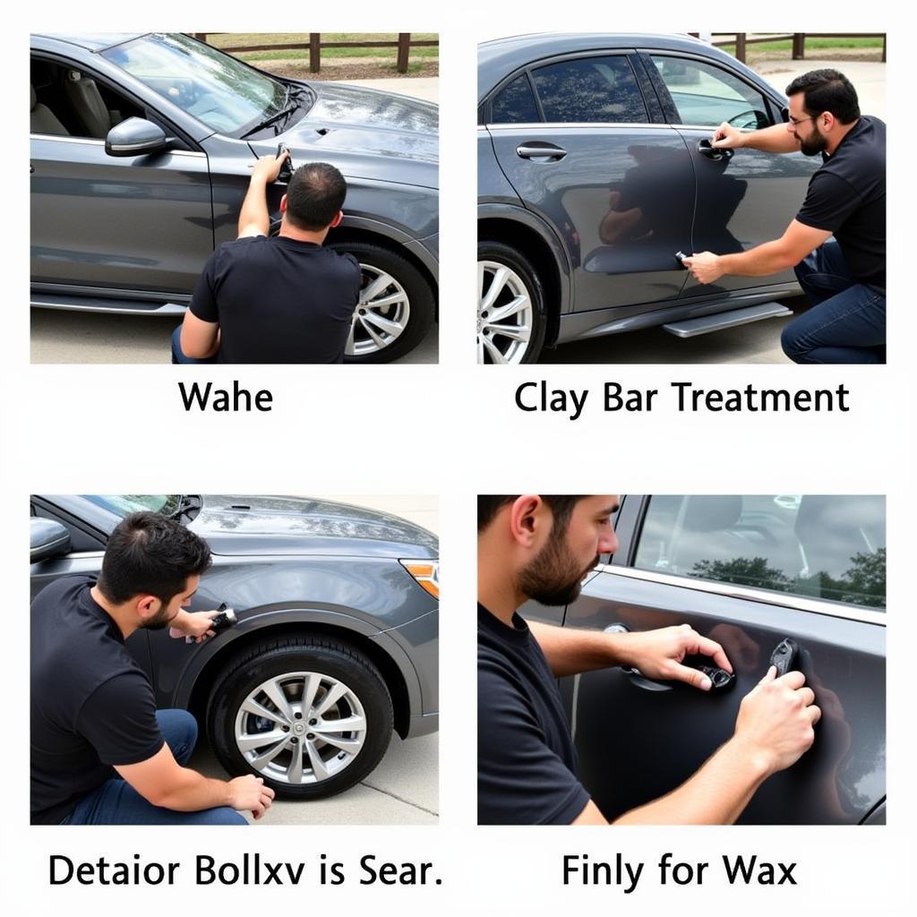 Exterior car detailing process with washing, clay bar treatment, and waxing.