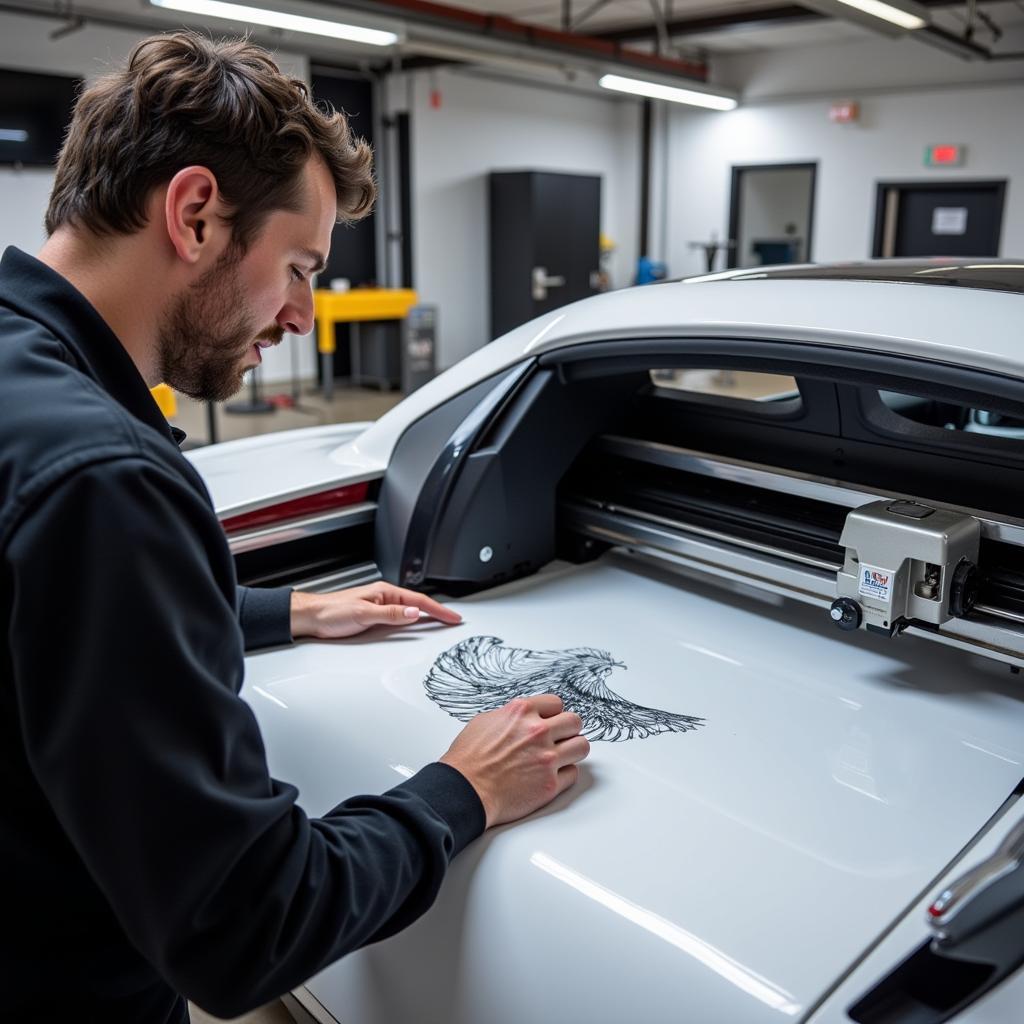 A car detailer uses advanced technology to apply a paint protection film.