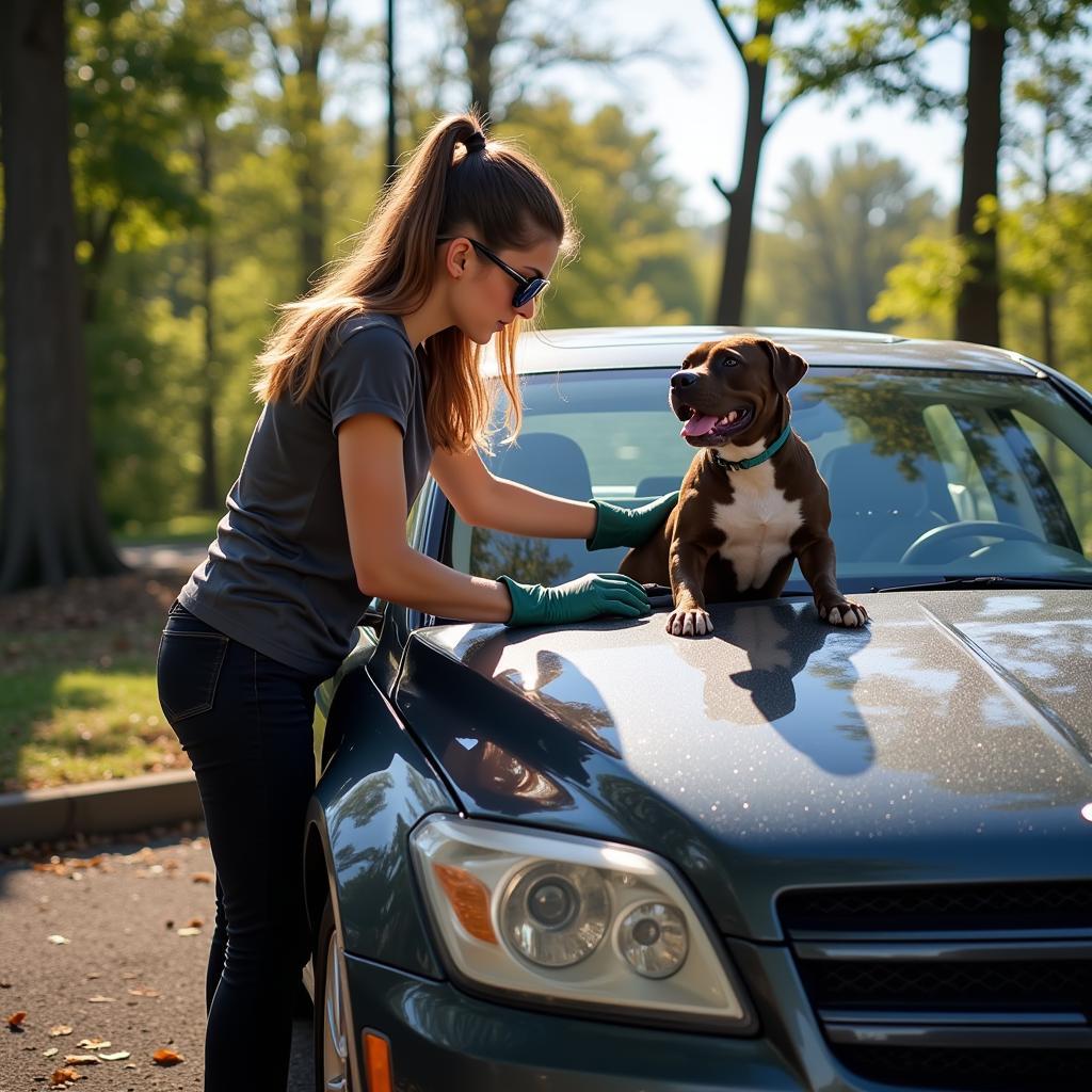 Girl Detailing Car with Pitbull