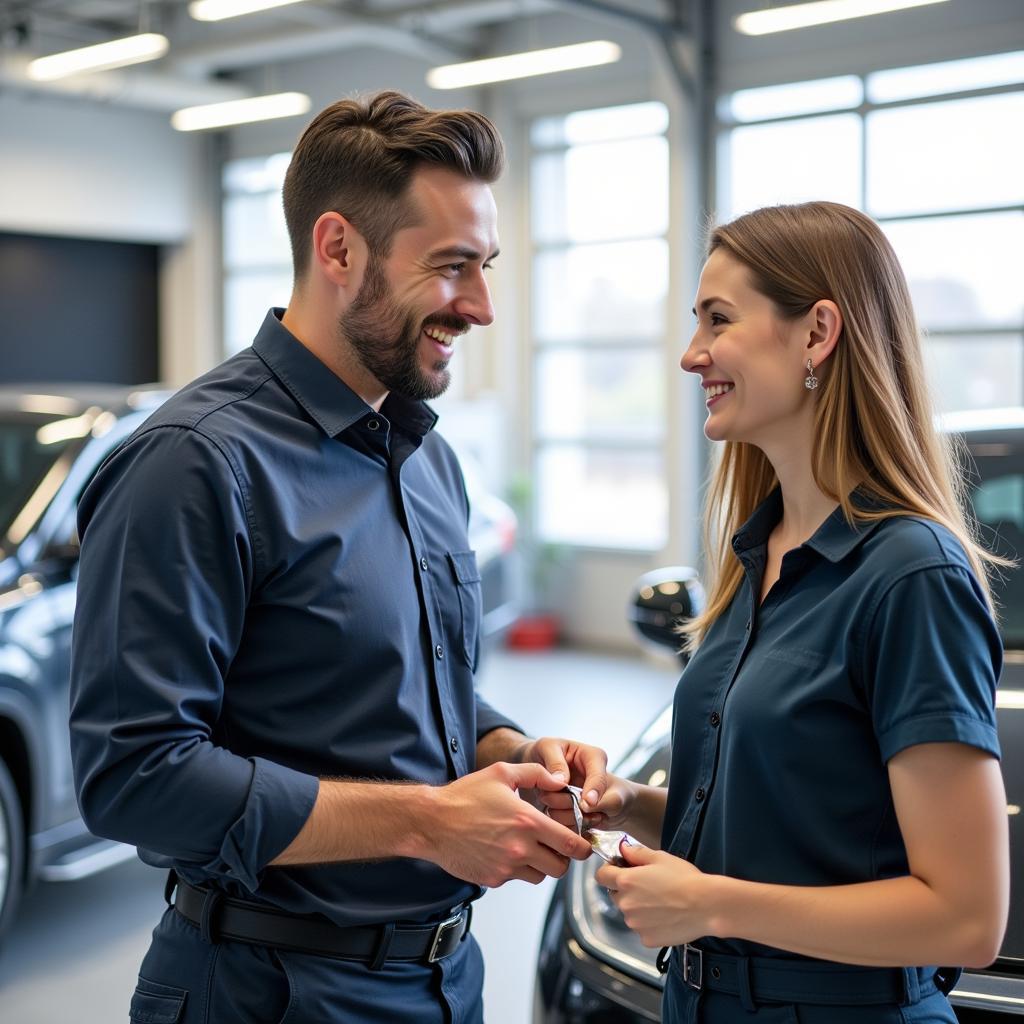 Smiling Car Detailer Receiving a Tip from a Satisfied Customer