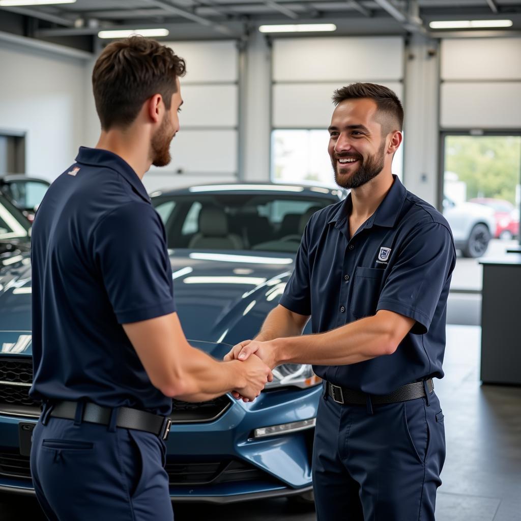 Satisfied customer receiving their detailed car