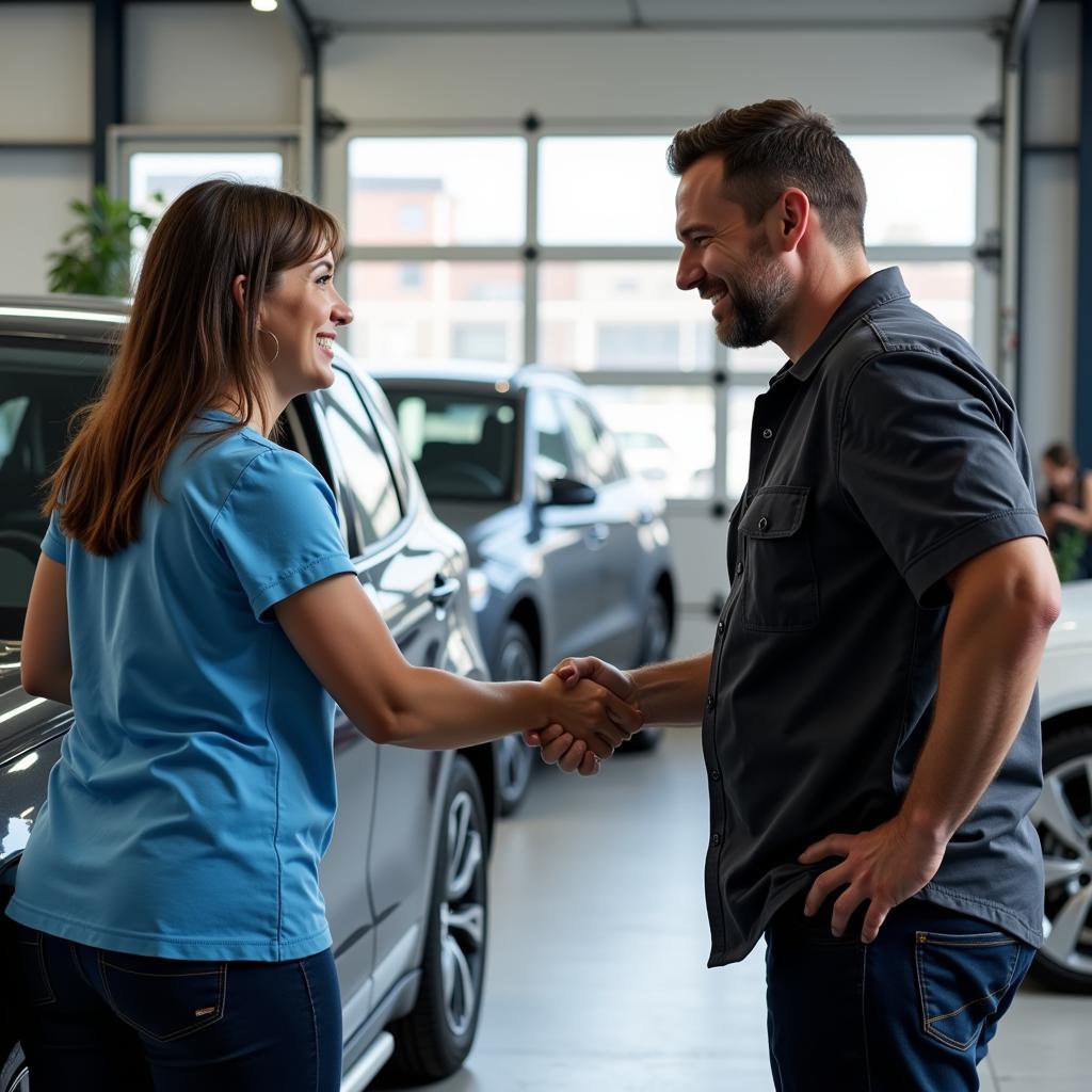 A satisfied customer admiring their newly detailed car, highlighting the positive experience of using a professional service.