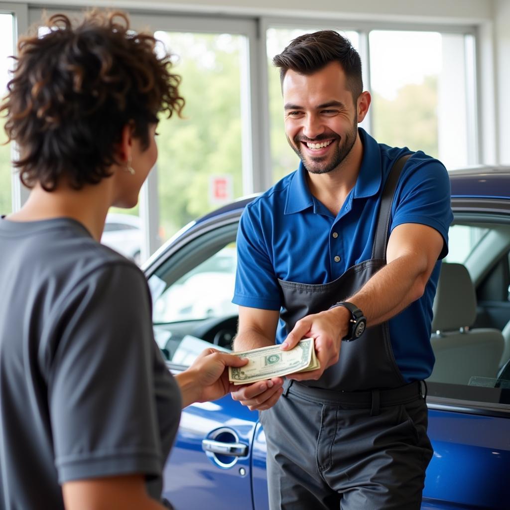 Happy Customer Paying and Tipping Car Detailer