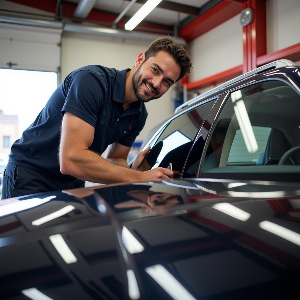 A satisfied customer standing next to their freshly detailed car.