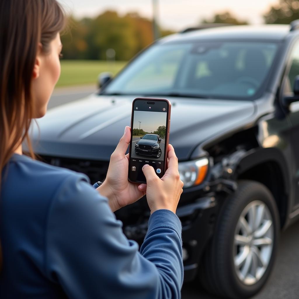 The Importance of Exchanging Details After a Car Accident:  A driver documenting vehicle damage with their smartphone.