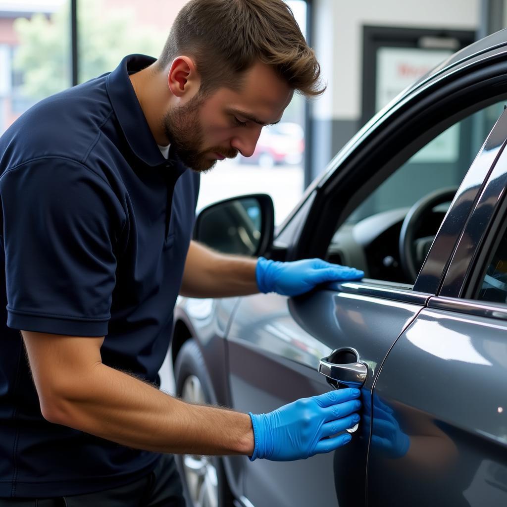 Inspecting a freshly detailed car for any imperfections or missed spots