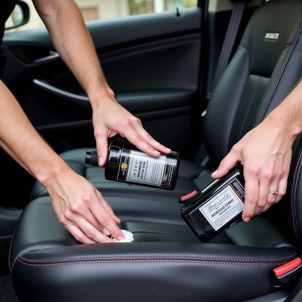 Interior Car Detailing: Cleaning and conditioning leather seats.