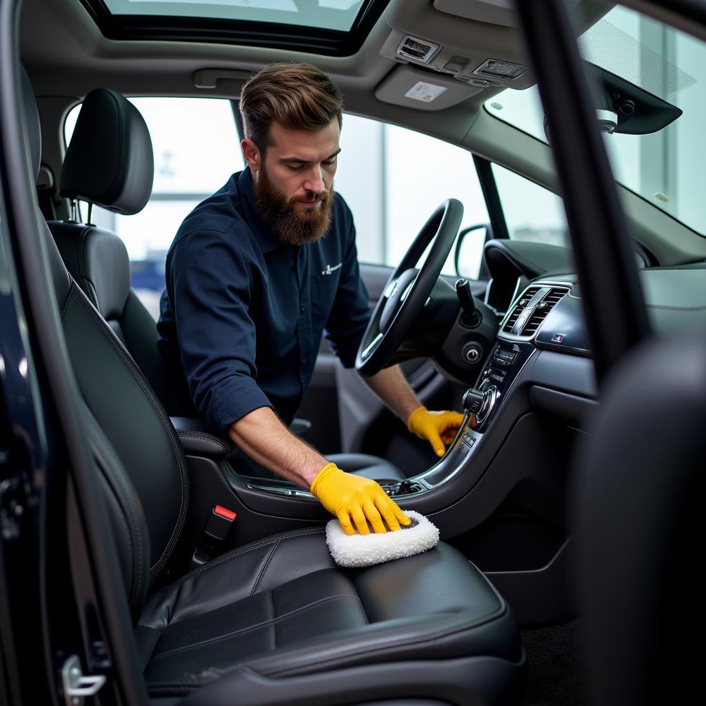 A car detailer meticulously cleans the interior of a car at a dealership.