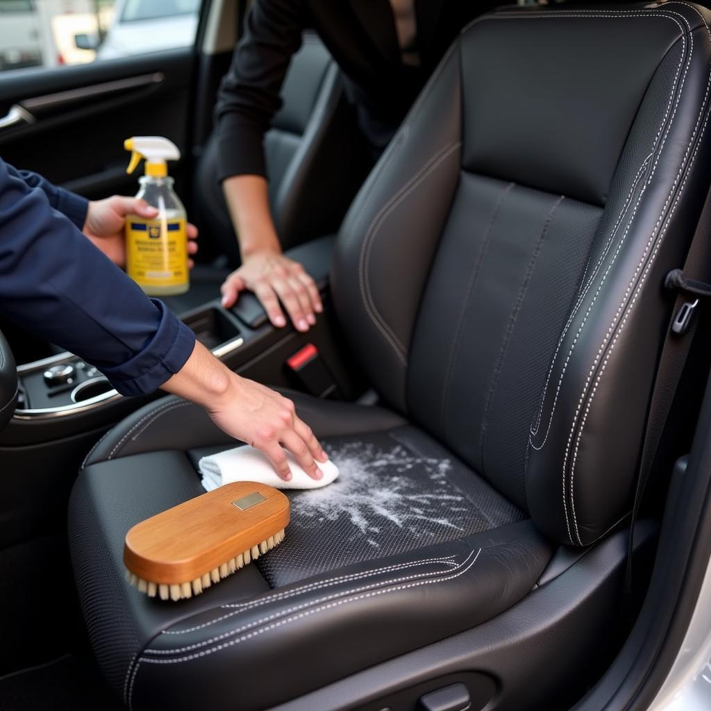 Close-up of a car interior being detailed, showcasing the meticulous cleaning and conditioning of leather seats in East Lyme, CT.