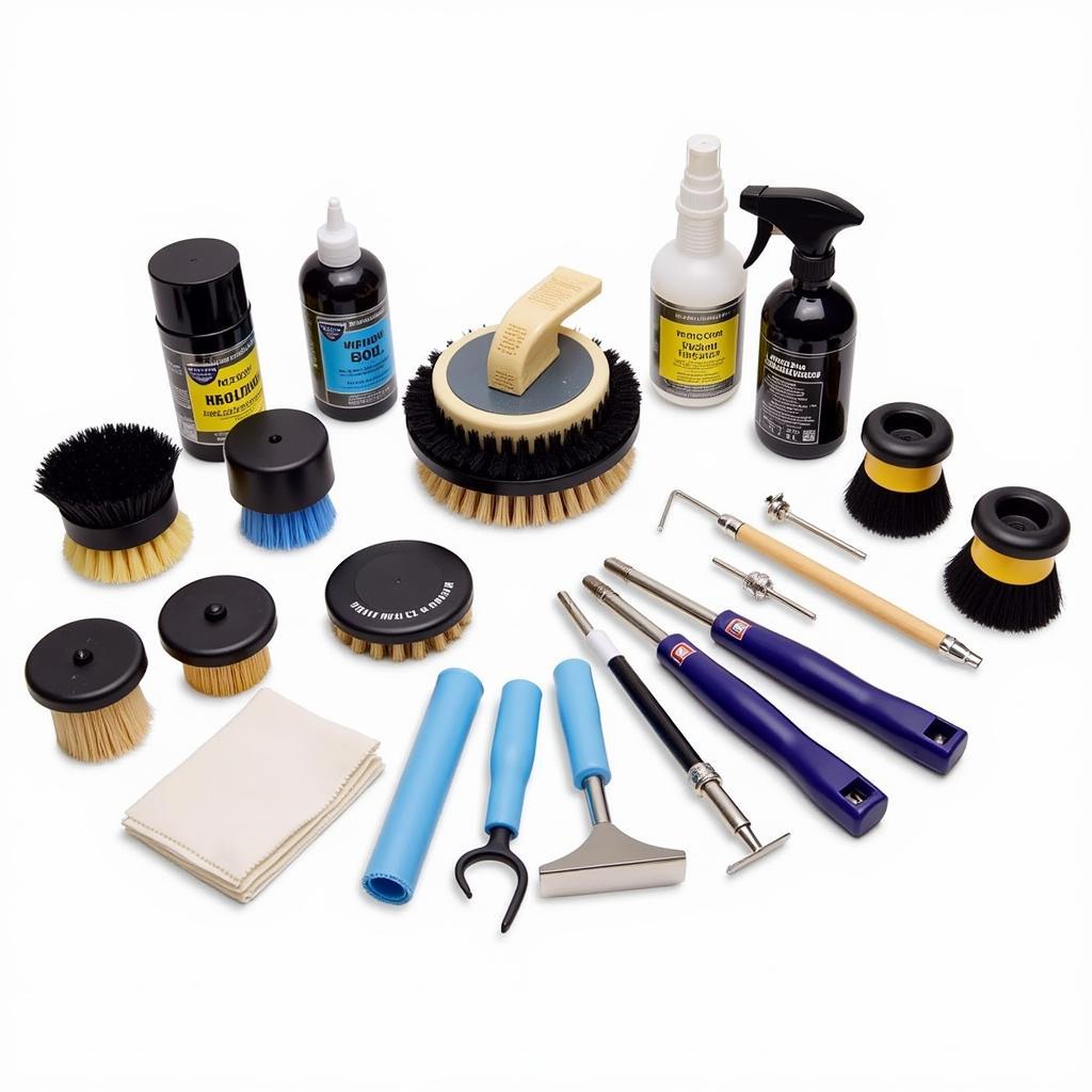 Interior Car Detailing Tools: An array of tools designed for cleaning and protecting car interiors, including brushes, vacuum attachments, and cleaning solutions.