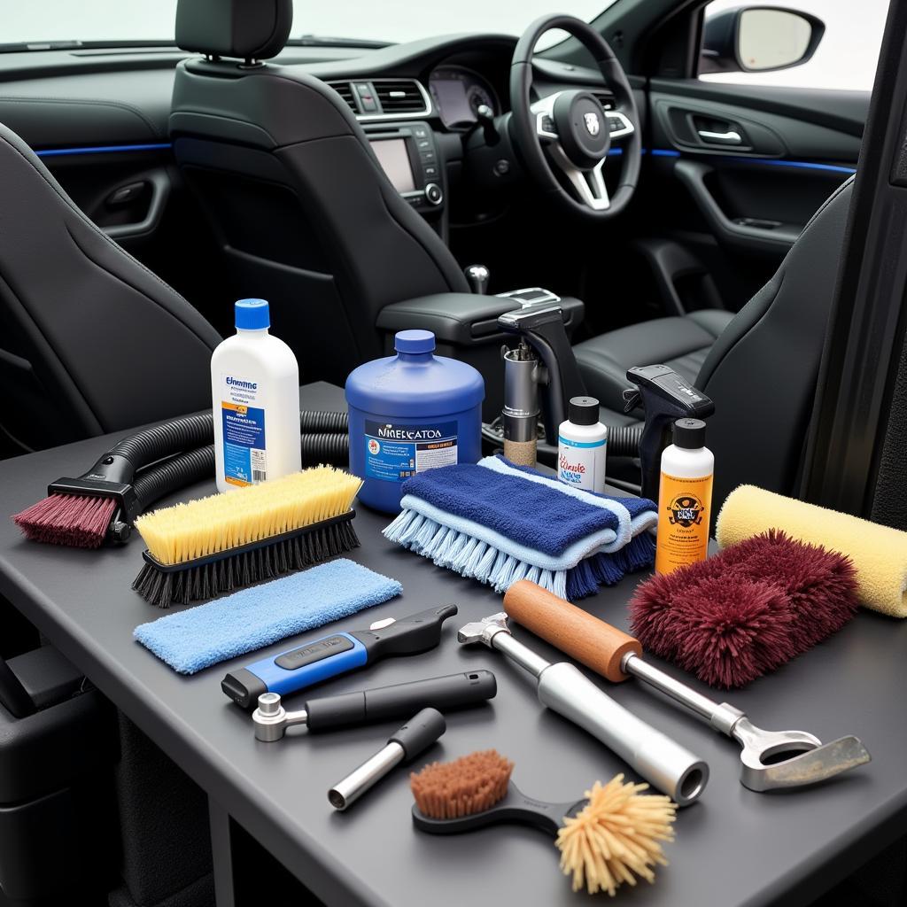 Interior Car Detailing Tools and Products in a Professional Shop