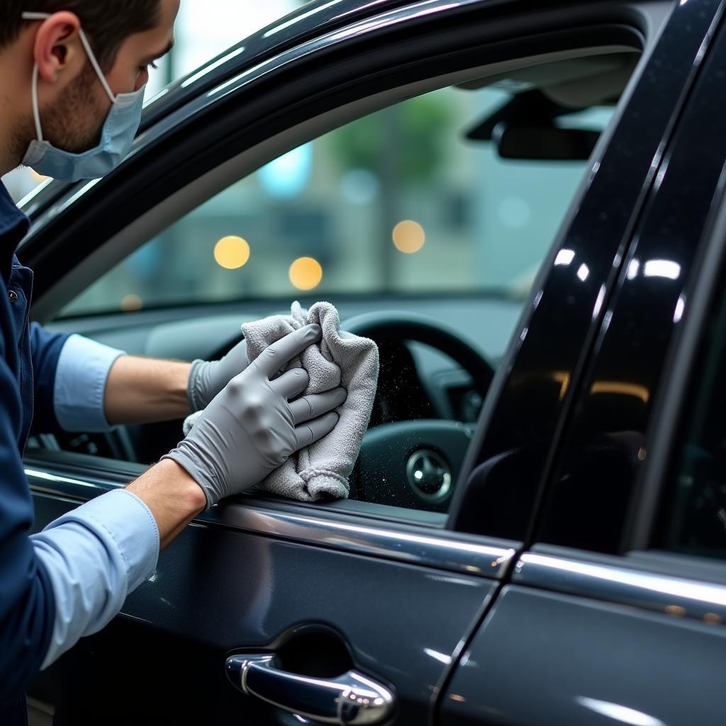 Cleaning car windows during interior detailing