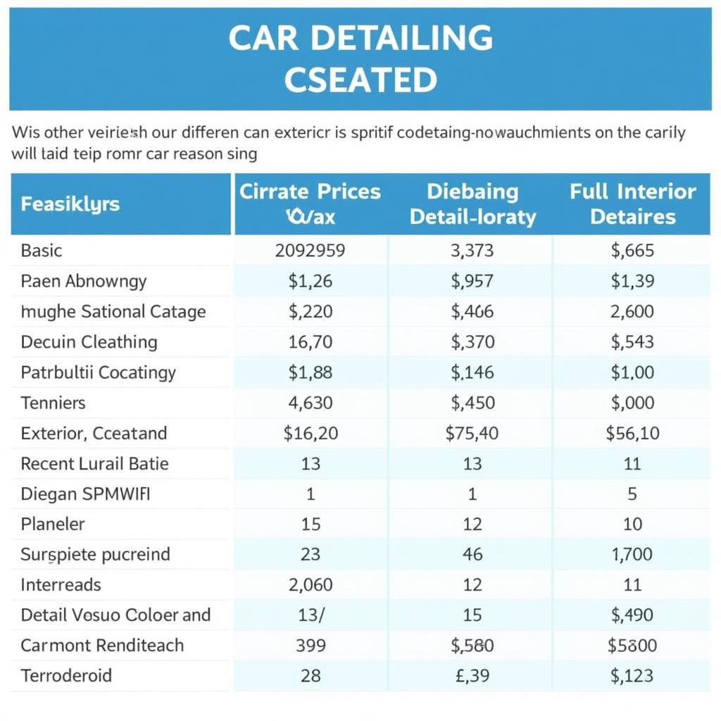 Interior and Exterior Car Detail Cost Comparison Chart