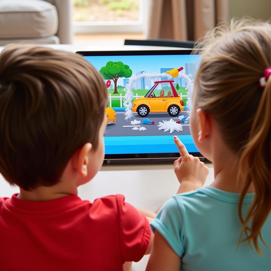 Children Playing Virtual Car Wash Game