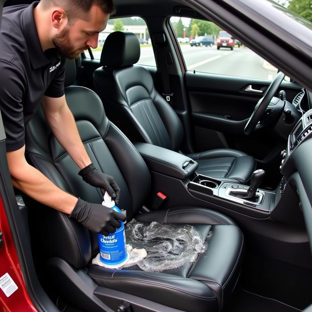 Interior car detailing in Kirkland, WA, demonstrating a detailer cleaning leather seats.