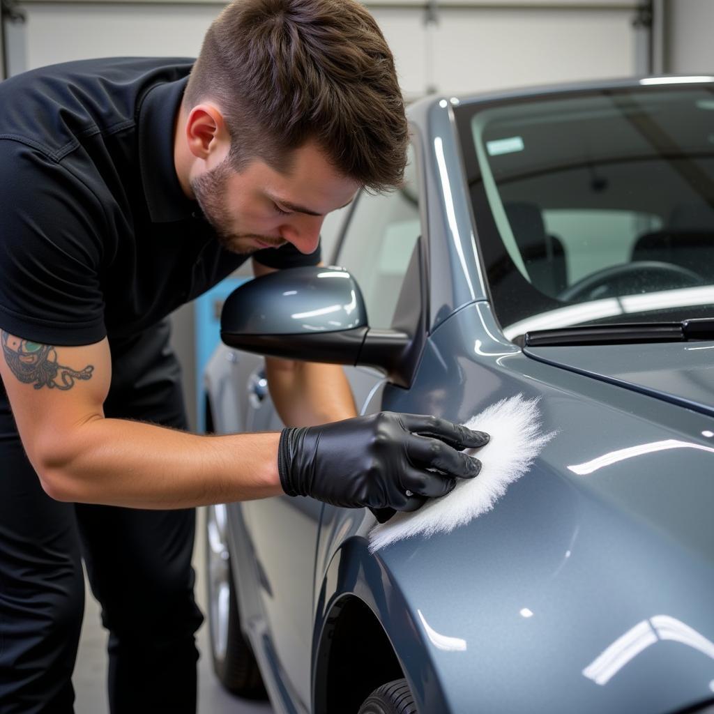 Applying ceramic coating to a car in Lynnwood WA