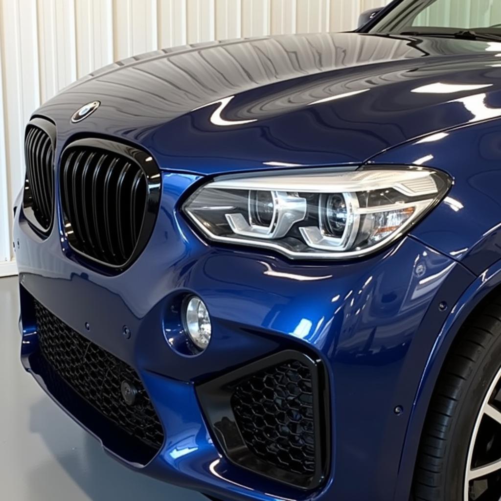 A gleaming car parked in a garage, showcasing the long-lasting results of eminent car detailing.