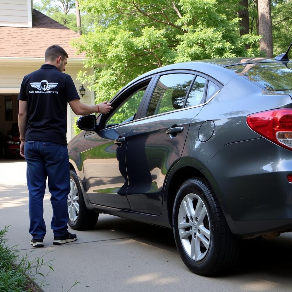 Mobile car detailer working on a car's exterior at a client's location