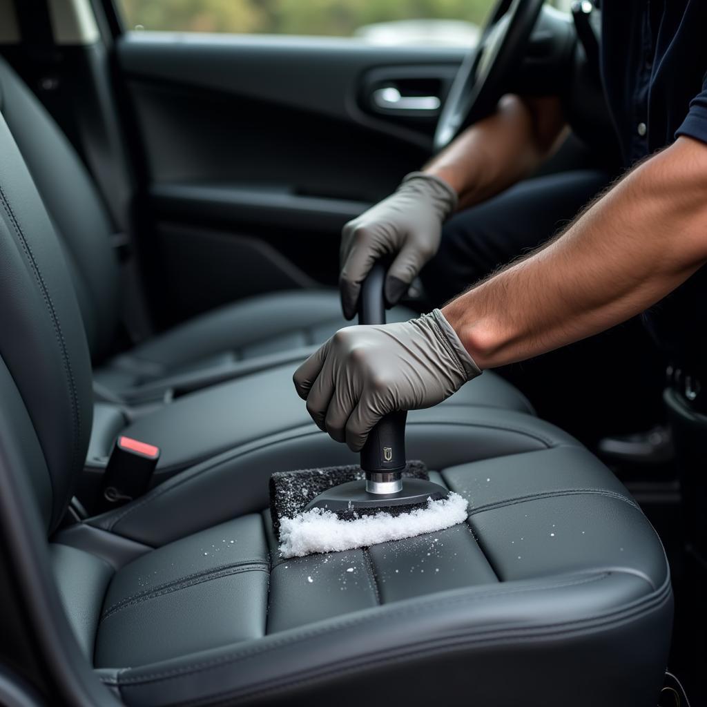 Mobile car detailer meticulously cleaning a car interior