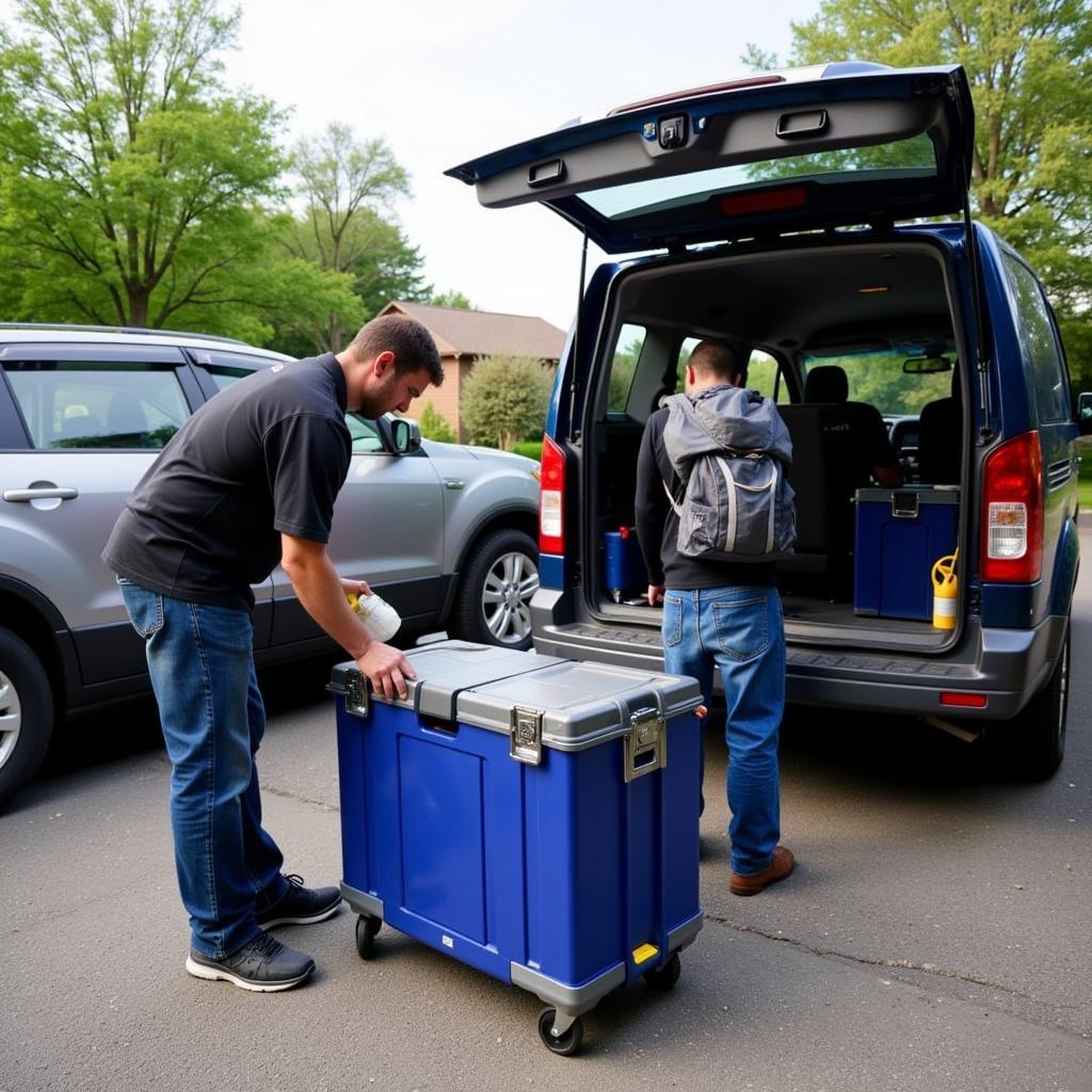 Mobile Car Detailing:  A mobile detailer setting up their equipment at a client's location, illustrating the unique challenges and rewards of mobile detailing.