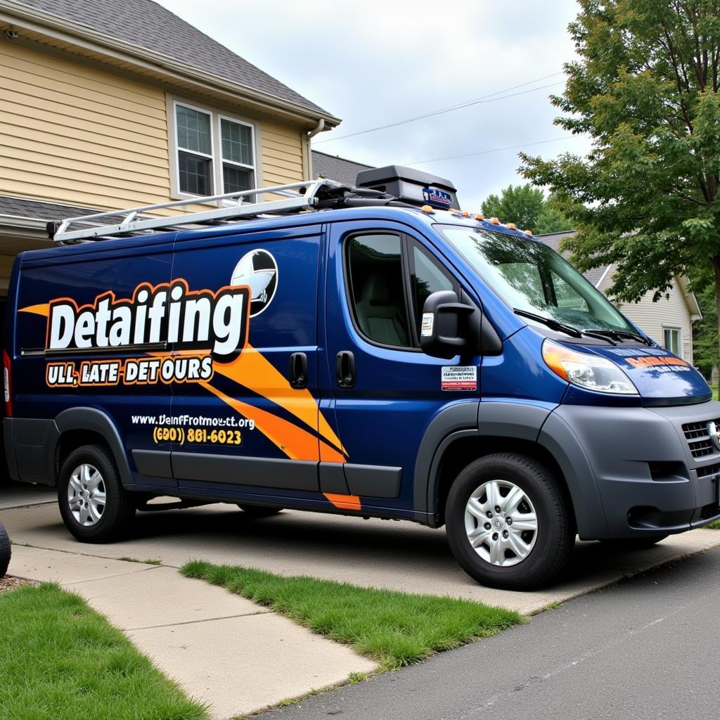 A mobile car detailing van parked in a driveway, ready to provide on-site service.