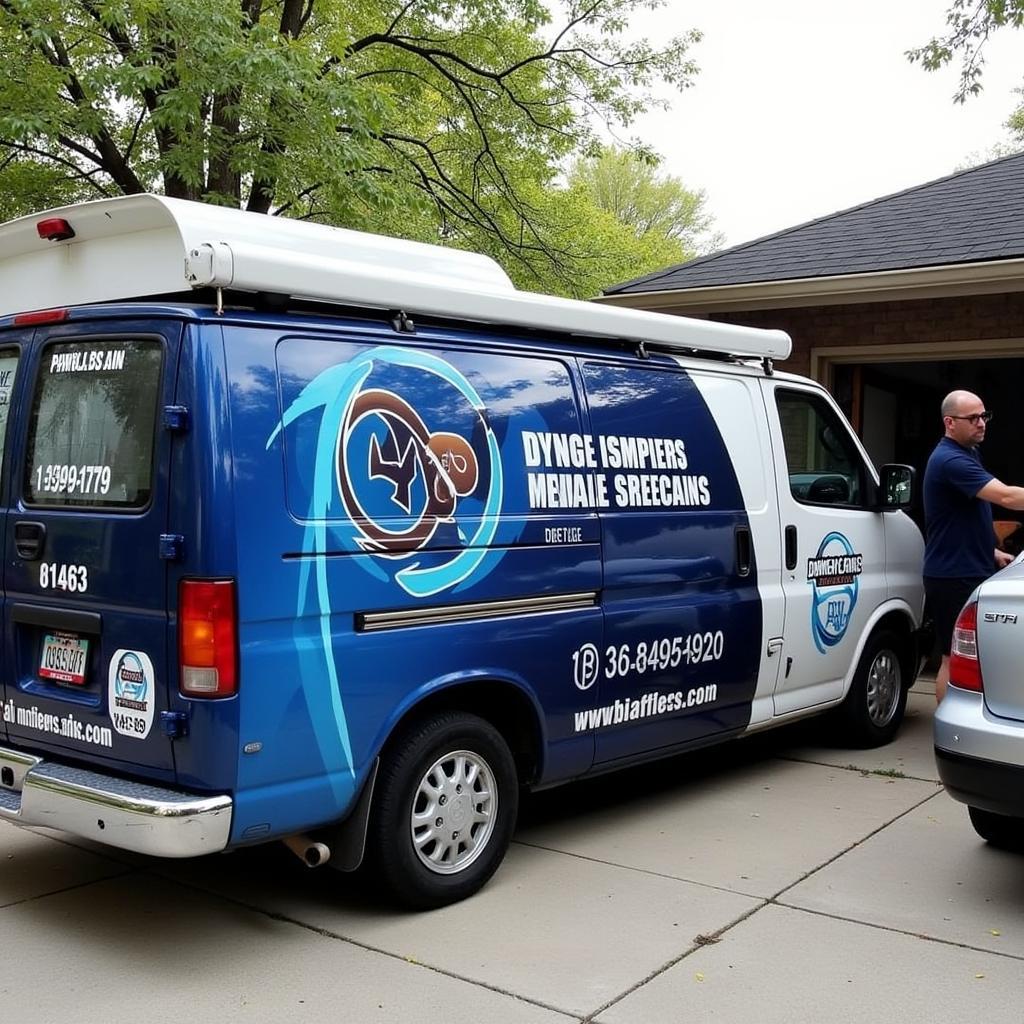 A mobile car detailing van parked outside, providing detailing services.