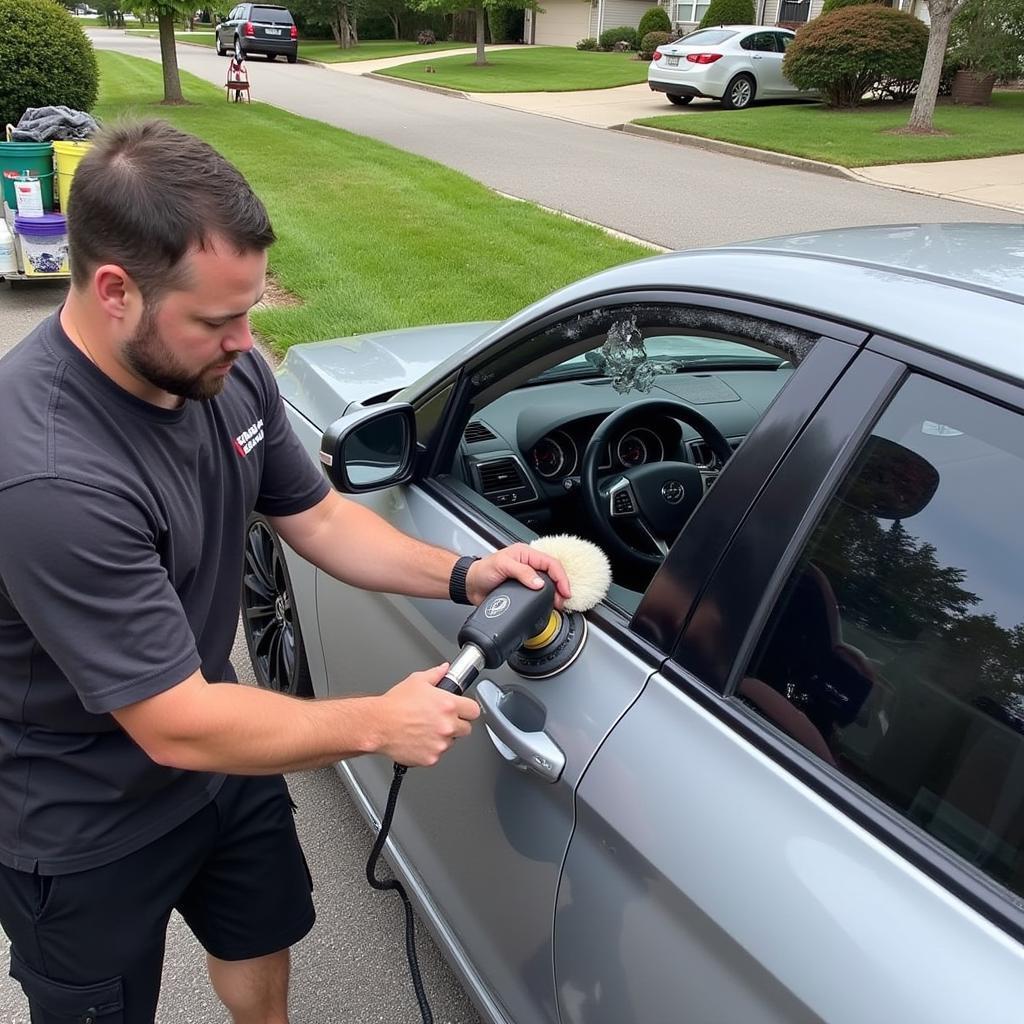 Mobile detailer working on a car