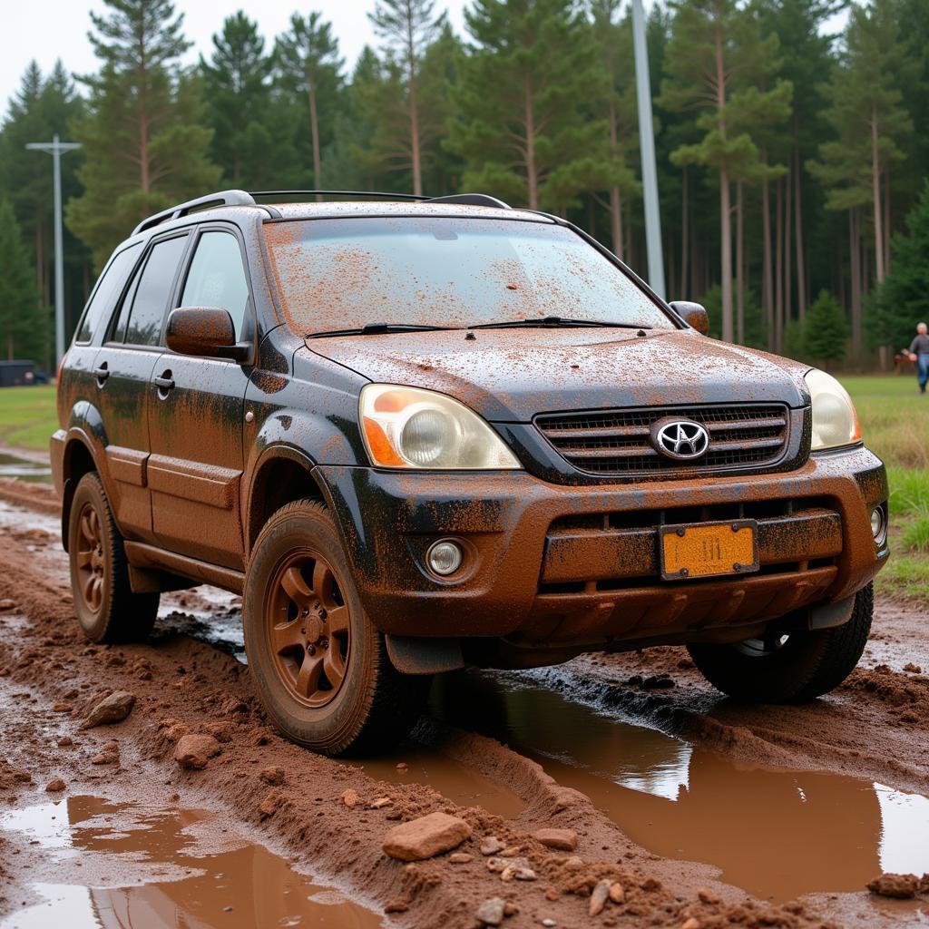 A muddy rental car after off-road driving