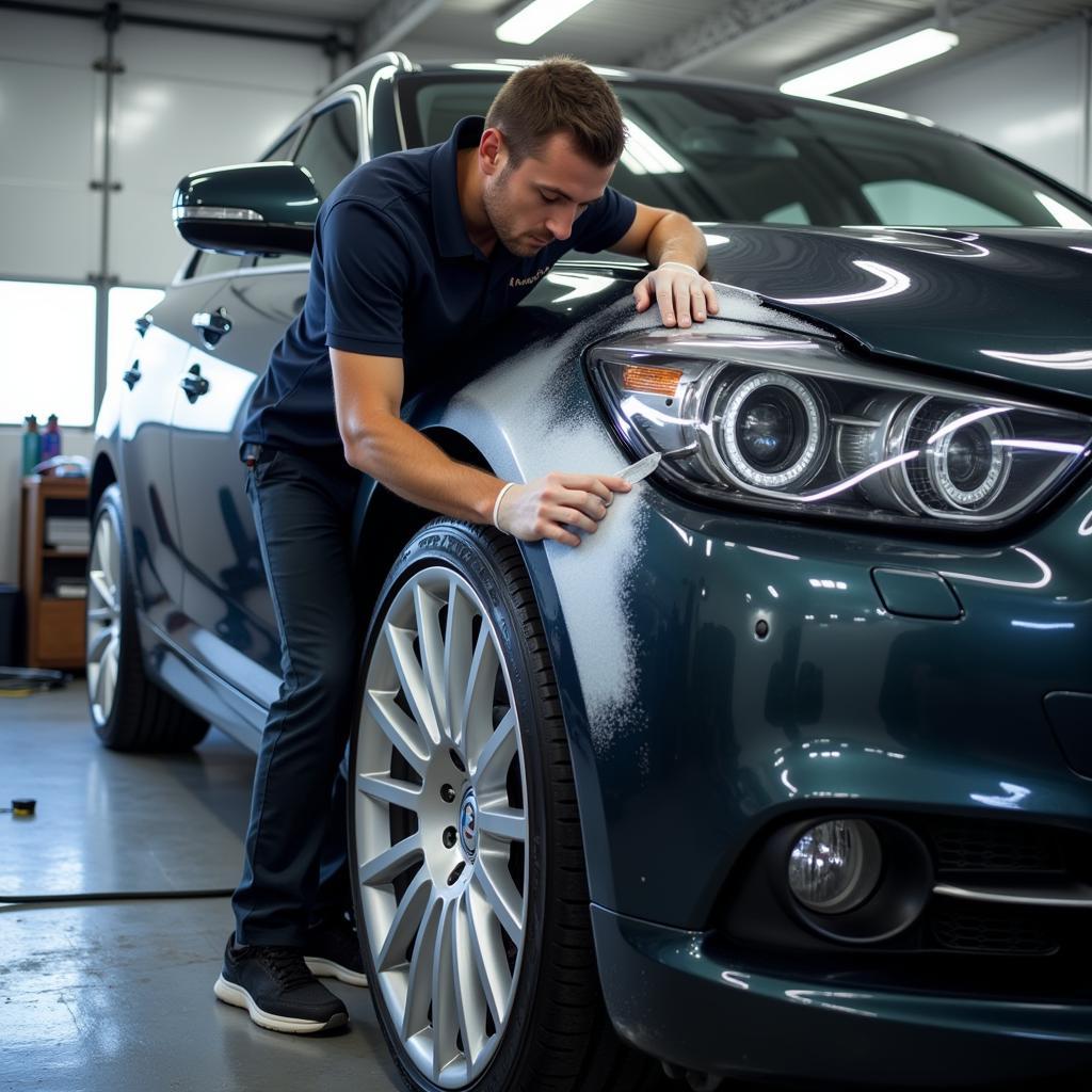 New Car Detailing Time: A professional detailer working on a brand new car.