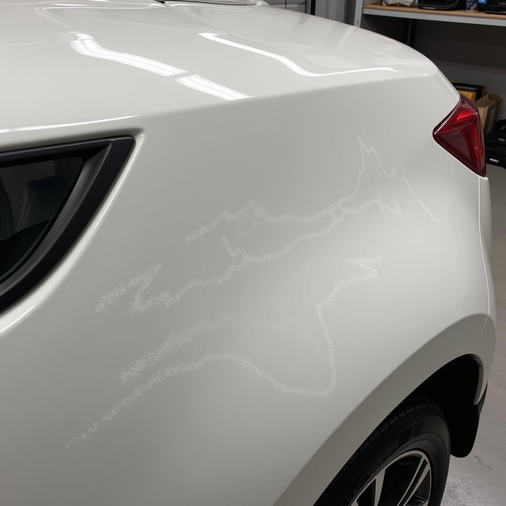 New car paint imperfections under magnification