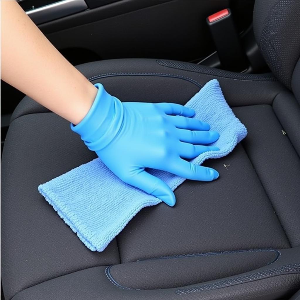 Using a pet hair removal glove to effectively lift dog hair from a car seat.