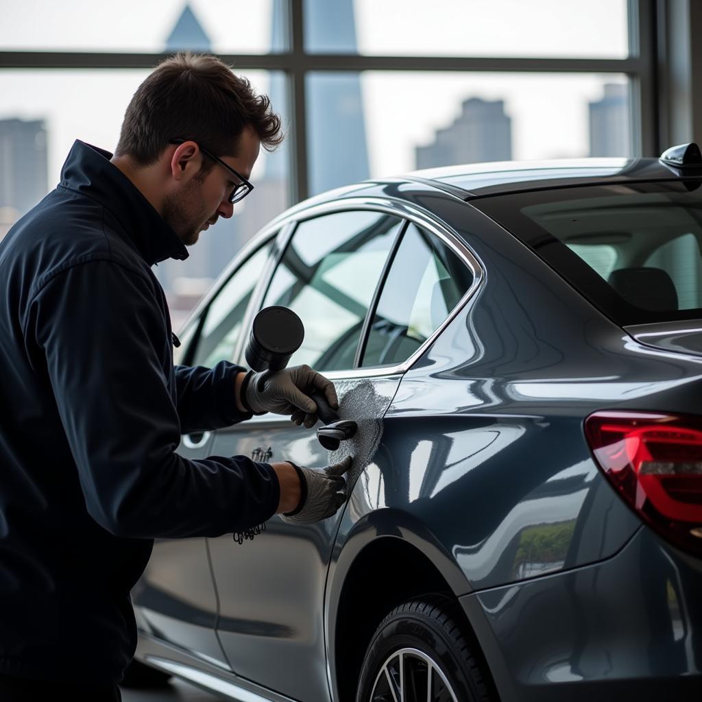 Applying ceramic coating to a car in a Philadelphia detailing shop