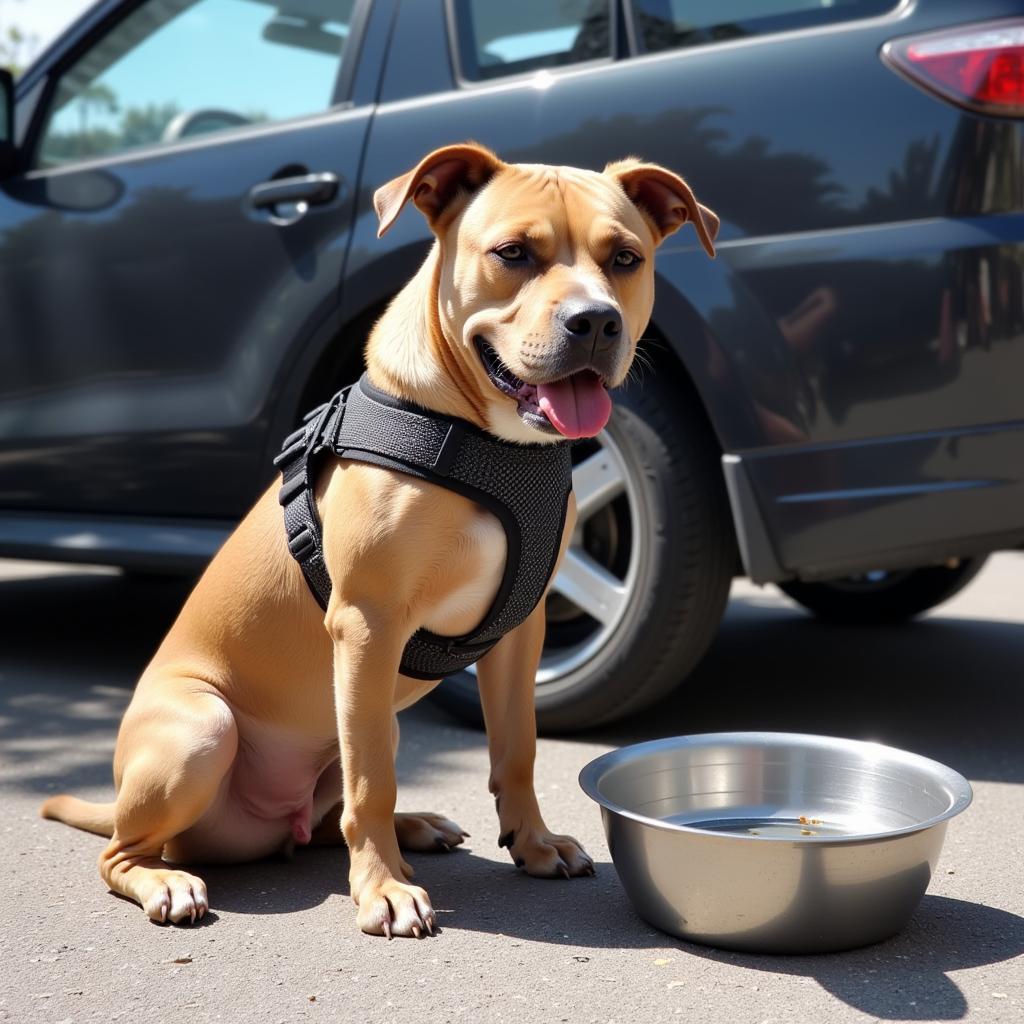 Pitbull Watching Car Detailing