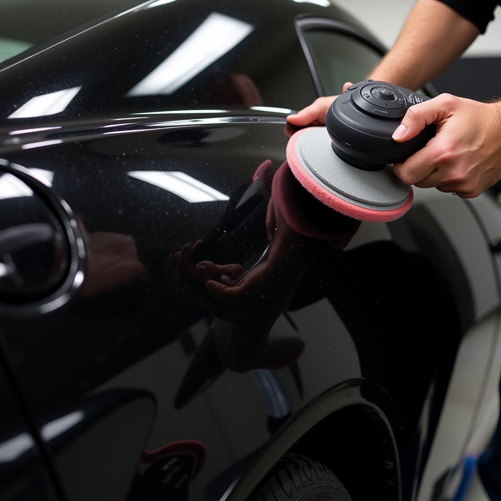 Polishing a black car with a dual-action polisher