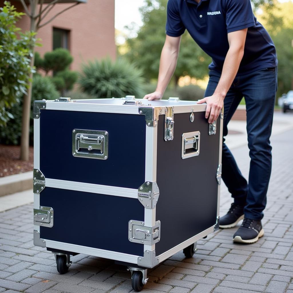 Portable Car Detailing Crate: A sturdy plastic crate with wheels, filled with organized detailing supplies, ready for mobile detailing services.