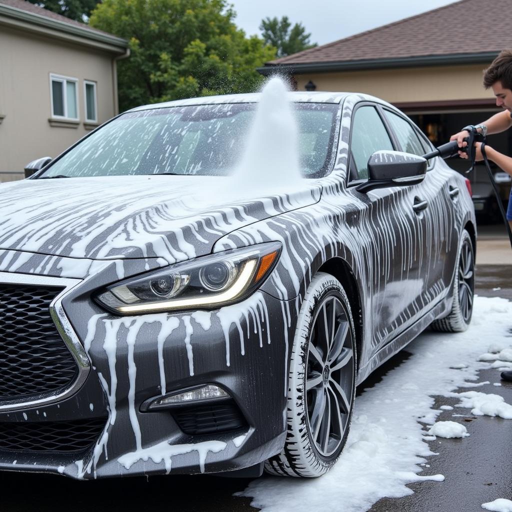 Pre-washing a car exterior with a foam cannon