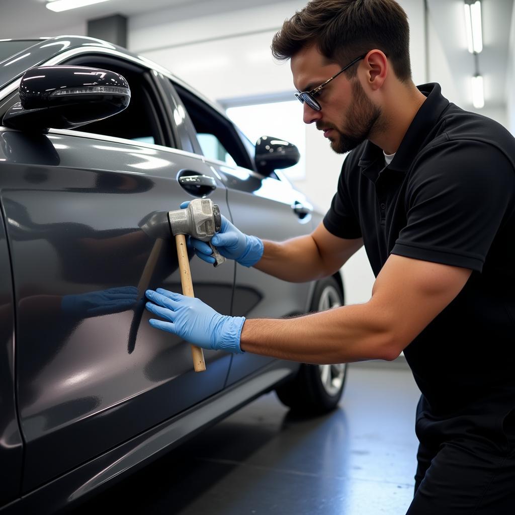 A professional car detailer applies a ceramic coating to a vehicle's paint.