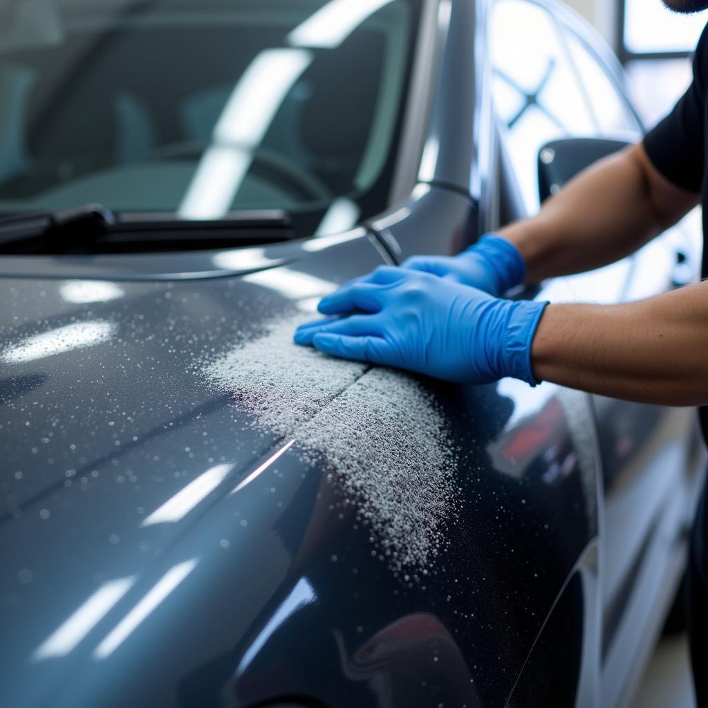 Professional car detailer applying ceramic coating in winter