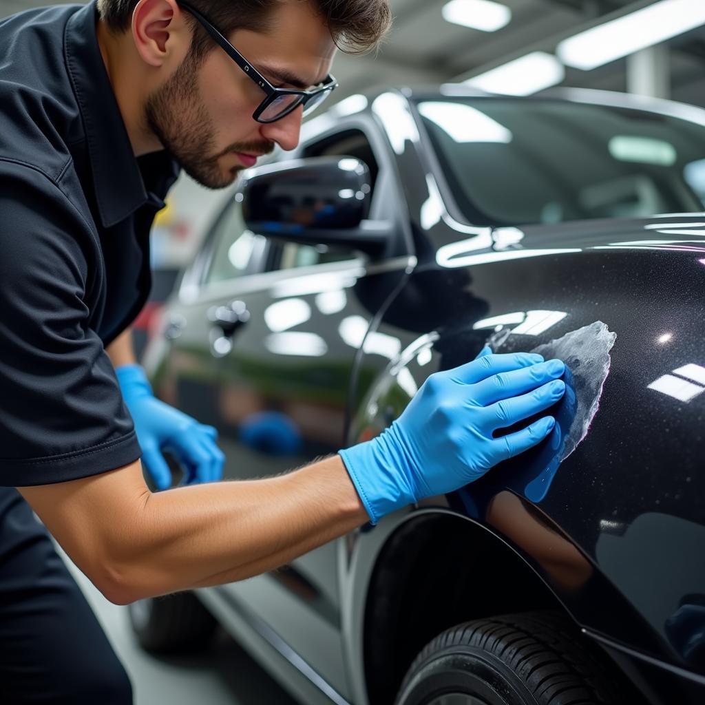 A professional car detailer meticulously working on a vehicle.