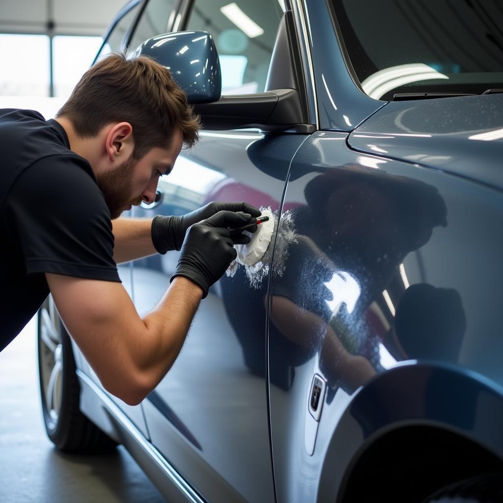 Professional Car Detailer Applying Ceramic Coating to Vehicle