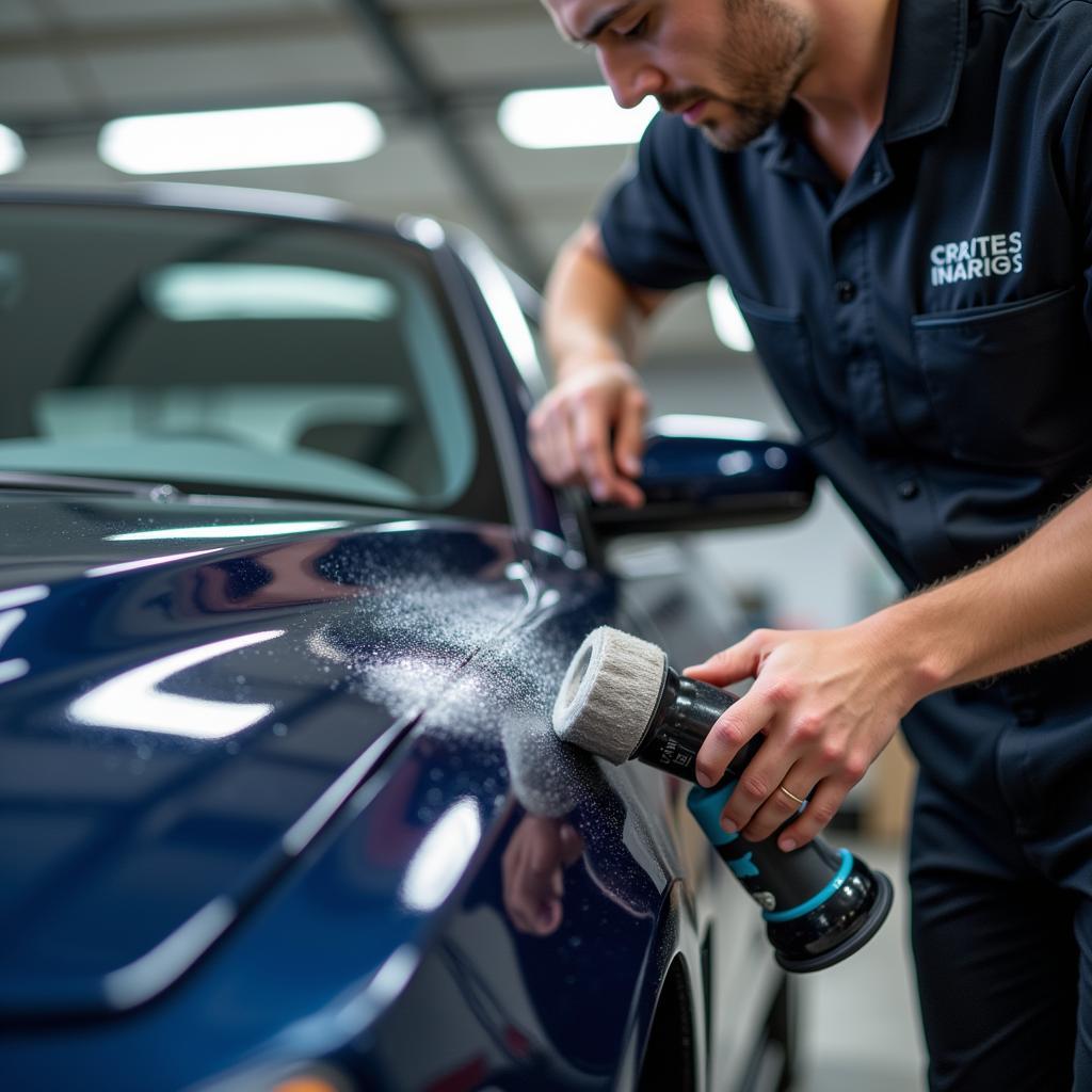 Professional Car Detailer Applying Sealant