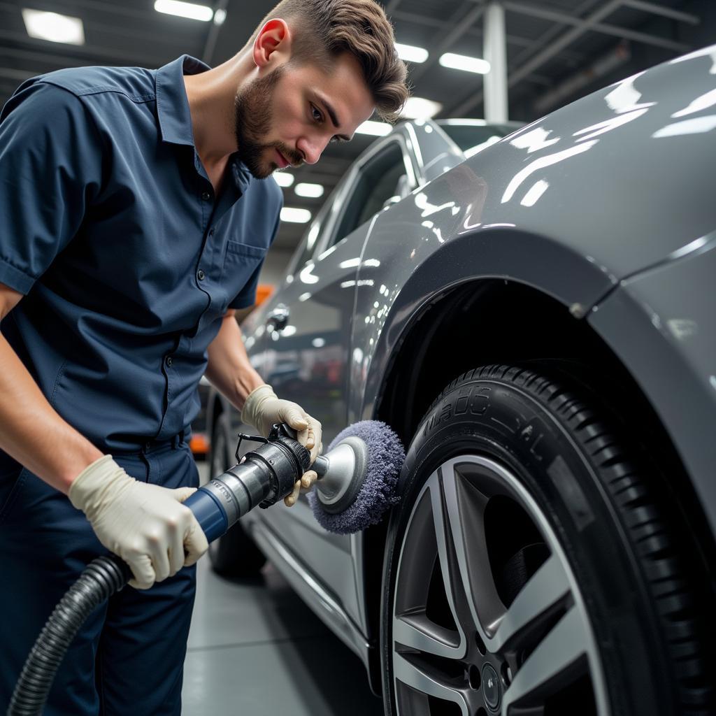 Professional Car Detailer at Work