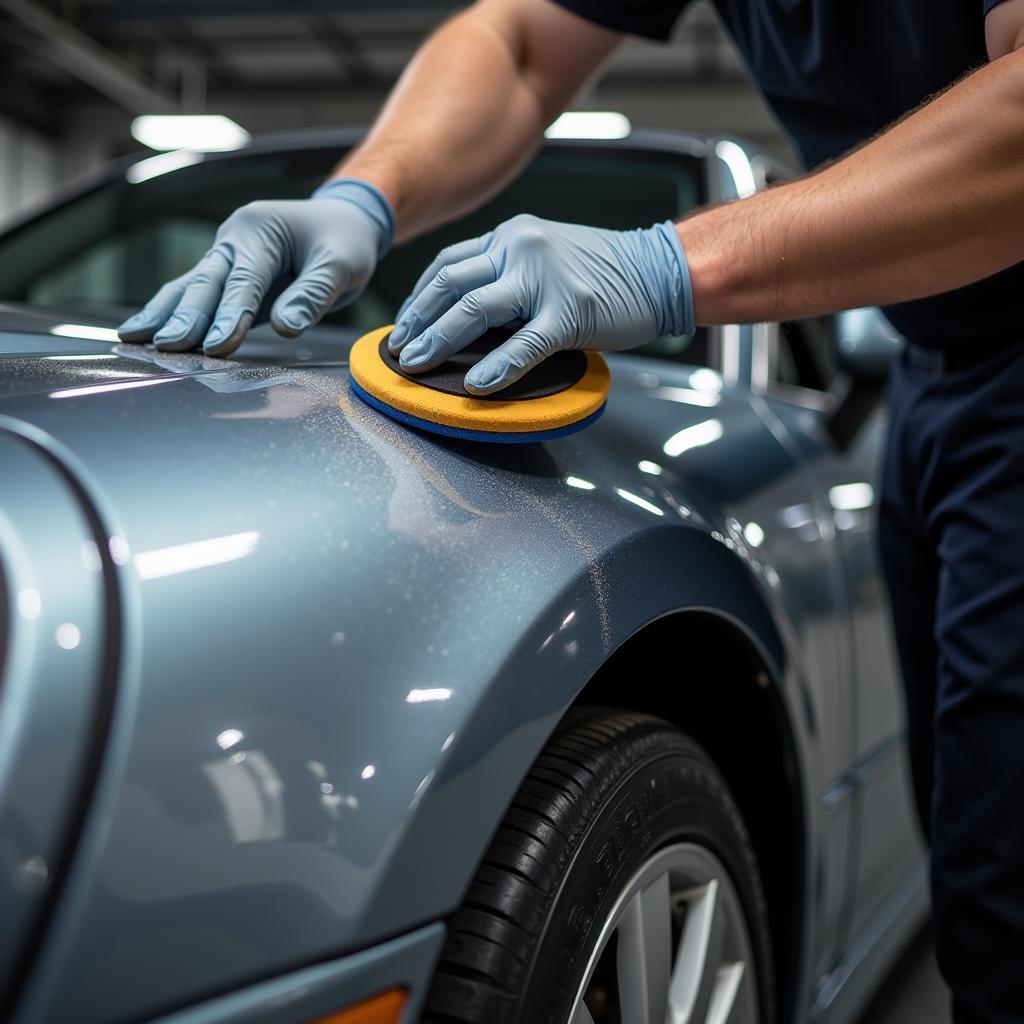 Professional car detailer applying ceramic coating to a vehicle